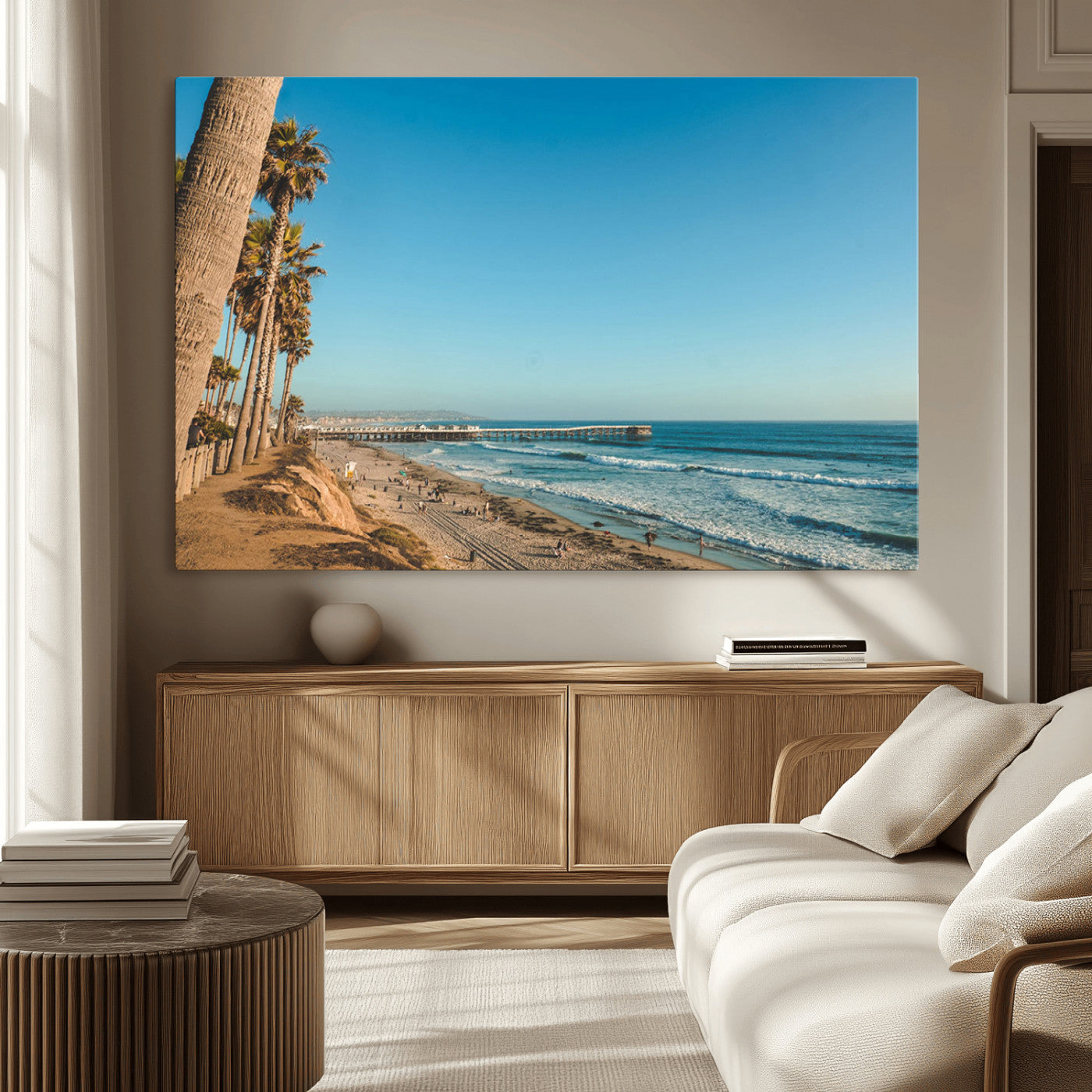 92568259-MGV-CV-36X24-California Beach Wall Art – Palm Tree Pier Canvas Print, Coastal Ocean Photography Seaside Decor for Living Room, Bedroom, Office,