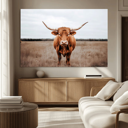 16316734-MGV-CV-36X24-Texas Longhorn Wall Art – Rustic Bull Portrait Canvas Print, Western Farmhouse Animal Photography Decor for Living Room, Office,