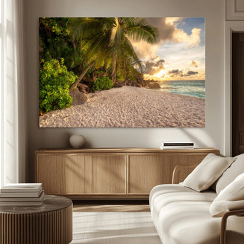 89531159-MGV-CV-36X24-Tropical Beach Sunset Canvas Wall Art – Palm Trees Golden Sand Ocean Waves Coastal Paradise Print for Beach House Bedroom Bathroom