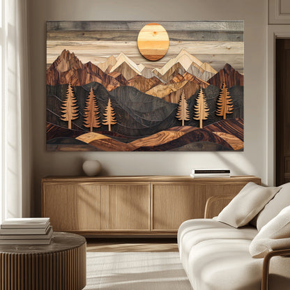 90044381-MGV-CV-36X24-Rustic Wall Art – Wooden Mountain Landscape with Sun and Pine Trees, Handcrafted Nature Canvas Style Decor for Bedroom, Living