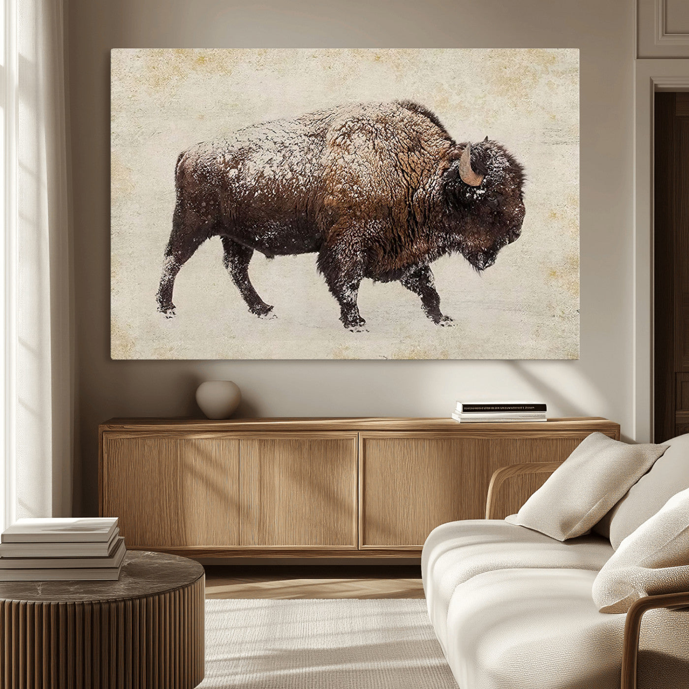 54810031-MGV-CV-36X24-Western Wall Art – Snow Covered Bison Canvas Print, Rustic Wildlife Photography Decor for Bedroom, Living Room, Office, Lodge,