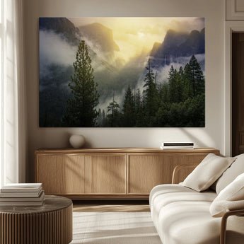 38316884-MGV-CV-36X24-Landscape Wall Art – Misty Mountain Valley Canvas Print, Scenic Pine Forest and Sunrise Photography Decor for Bedroom, Living