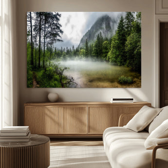 93123937-MGV-CV-36X24-Landscape Wall Art – Misty Mountain Lake Canvas Print, Tranquil Forest and Waterfall Photography Decor for Bedroom, Living Room,