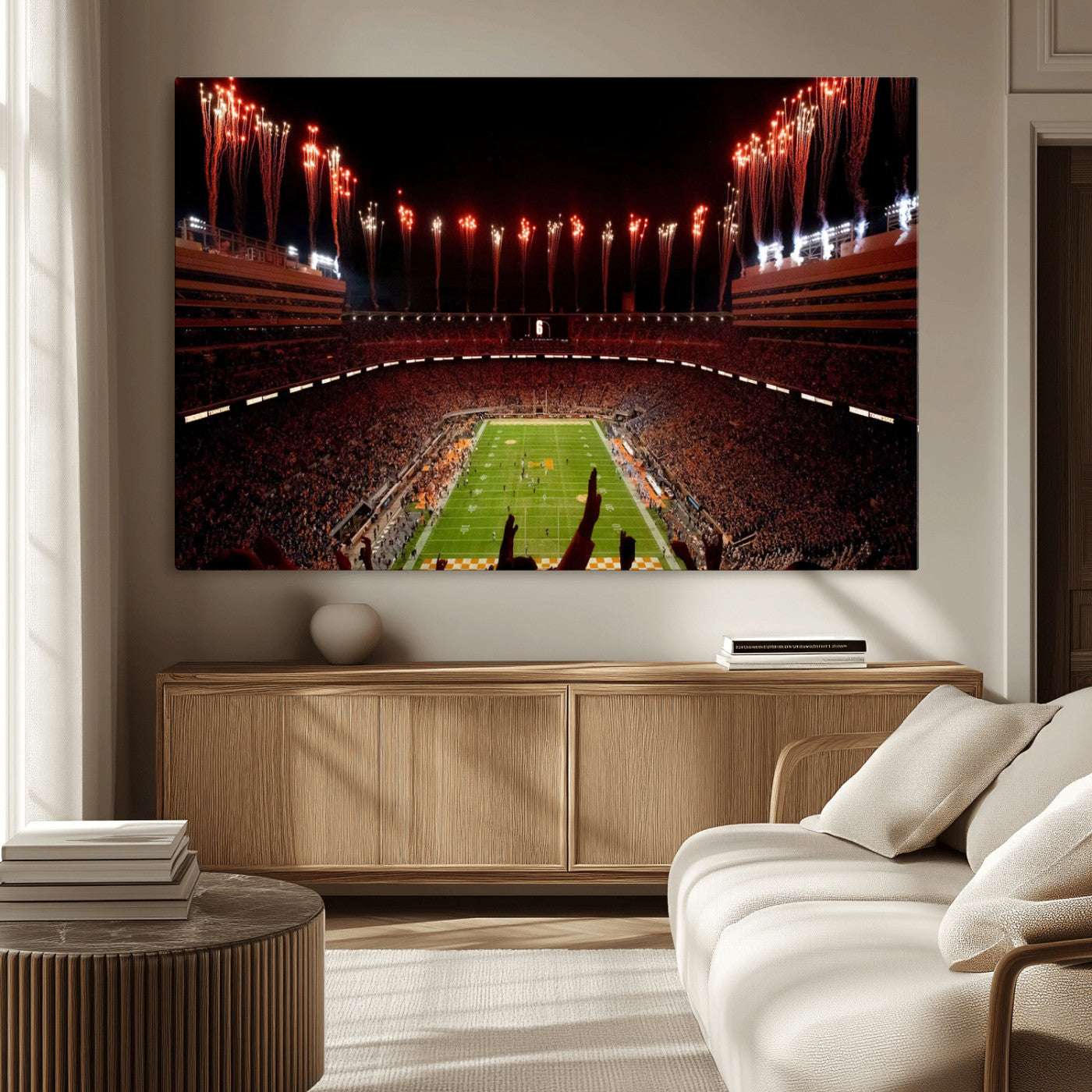 73358115-MGV-CV-36X24-Neyland Stadium Wall Art – Panoramic Tennessee Volunteers Night Game Canvas Print, Fireworks Football Celebration Sports Decor for