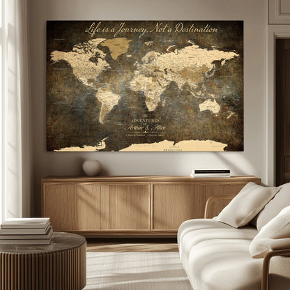 13394308-MGV-CV-36X24-Personalized World Map Wall Art – Dark Rustic Vintage Adventure Travel Map with Custom Couple Names, Timeless Wall Decor for Home