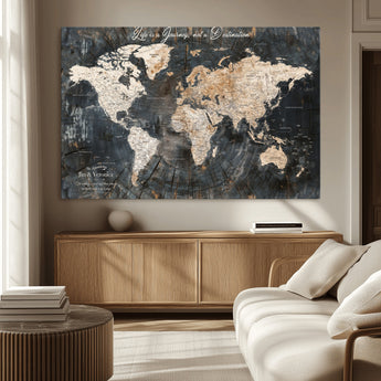 55548943-MGV-CV-36X24-Personalized World Map Wall Art – Rustic Wood Texture Adventure Travel Map with Custom Couple Names, Vintage Dark Wall Decor for