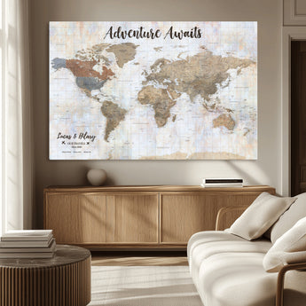 30792405-MGV-CV-36X24-Personalized World Map Wall Art – Rustic Beige Adventure Travel Map with Custom Couple Names, Vintage Wall Decor for Home or