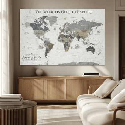 97082026-MGV-CV-36X24-Personalized World Map Wall Art – Vintage Gray Adventure Travel Map with Custom Couple or Family Names, Rustic Wall Decor for Home