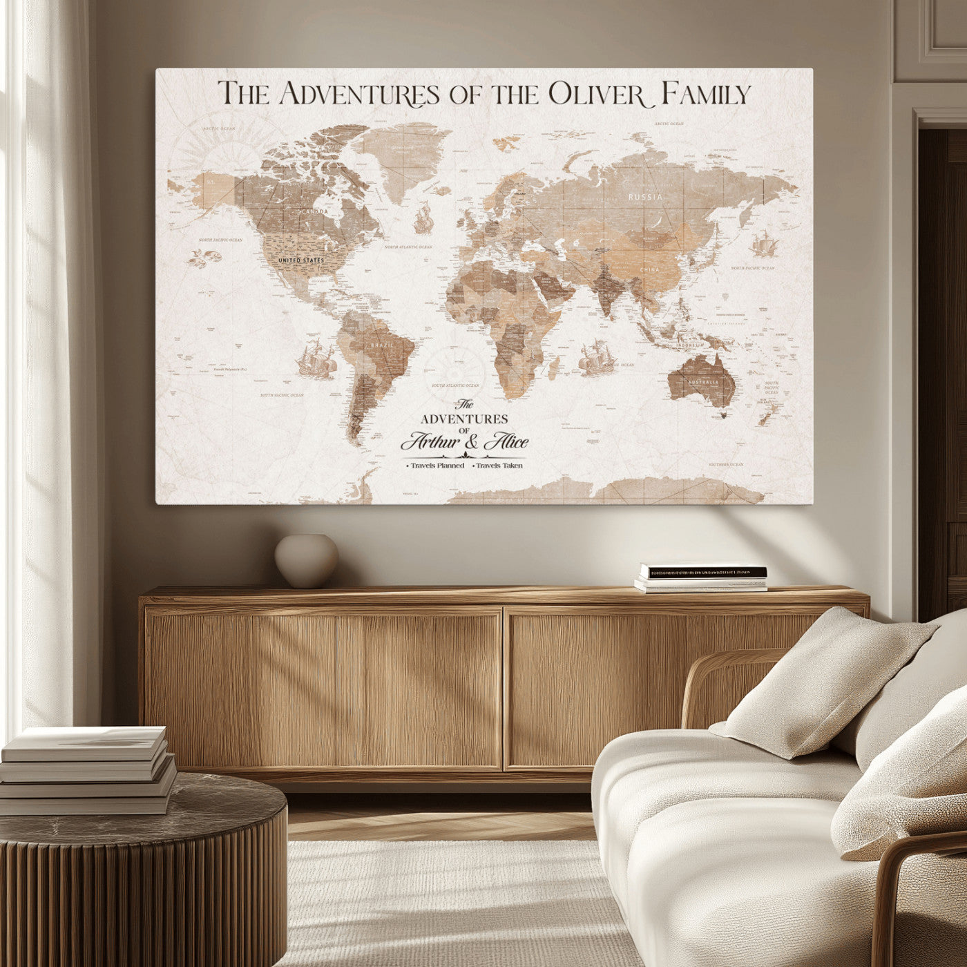 43869621-MGV-CV-36X24-Personalized World Map Wall Art – Light Beige Sepia Adventure Travel Map with Custom Family or Couple Names, Rustic Wall Decor for
