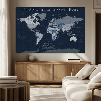 76726424-MGV-CV-36X24-Personalized World Map Wall Art – Navy Blue & Grey Adventure Travel Map with Custom Family or Couple Names, Modern Wall Decor for