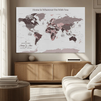 33204797-MGV-CV-36X24-Personalized World Map Wall Art – Burgundy & Grey Adventure Travel Map with Custom Names, Romantic Wall Decor for Couples, Home or