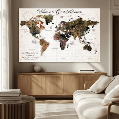 33631532-MGV-CV-36X24-Personalized World Map Wall Art – Dark Vintage Adventure Travel Map with Custom Names, Rustic Wall Decor for Couples, Home or