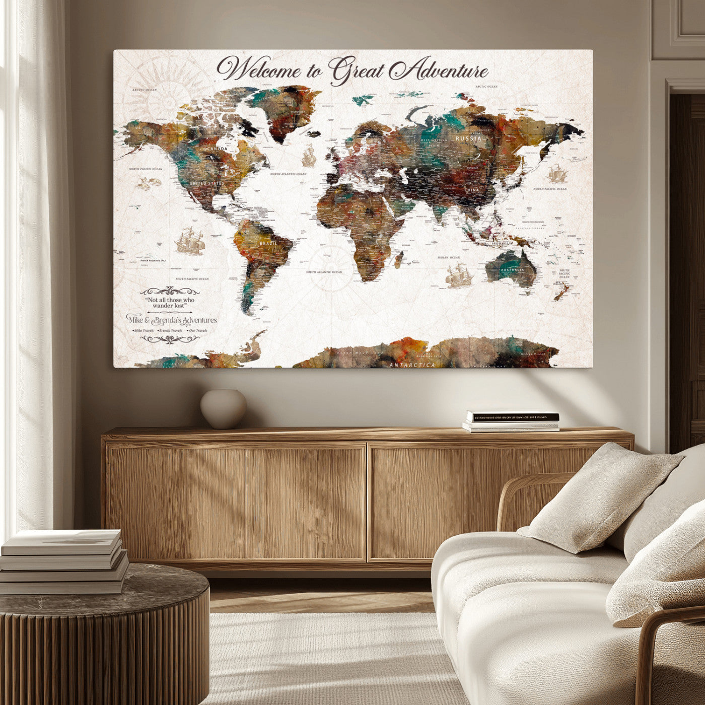 67029173-MGV-CV-36X24-Personalized World Map Wall Art – Colorful Vintage Adventure Travel Map with Custom Couple Names, Rustic Wall Decor for Home,