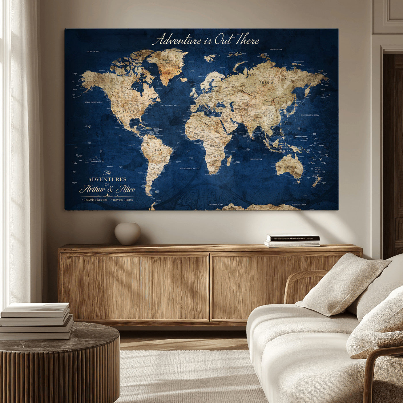 71052542-MGV-CV-36X24-Personalized World Map Wall Art – Rustic Navy Blue Adventure Travel Map with Custom Couple Names, Vintage Wall Decor for Home or