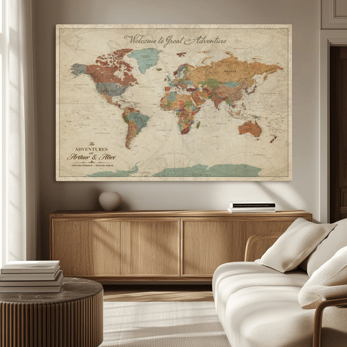 43497401-MGV-CV-36X24-Personalized World Map Wall Art – Vintage Rustic Adventure Travel Map with Custom Couple Names, Welcome to Great Adventure Wall