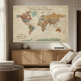 43497401-MGV-CV-36X24-Personalized World Map Wall Art – Vintage Rustic Adventure Travel Map with Custom Couple Names, Welcome to Great Adventure Wall