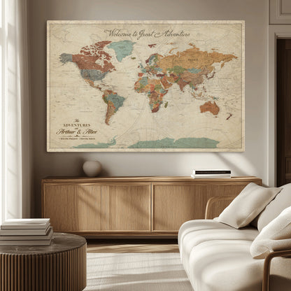 43497401-MGV-CV-36X24-Personalized World Map Wall Art – Vintage Rustic Adventure Travel Map with Custom Couple Names, Welcome to Great Adventure Wall