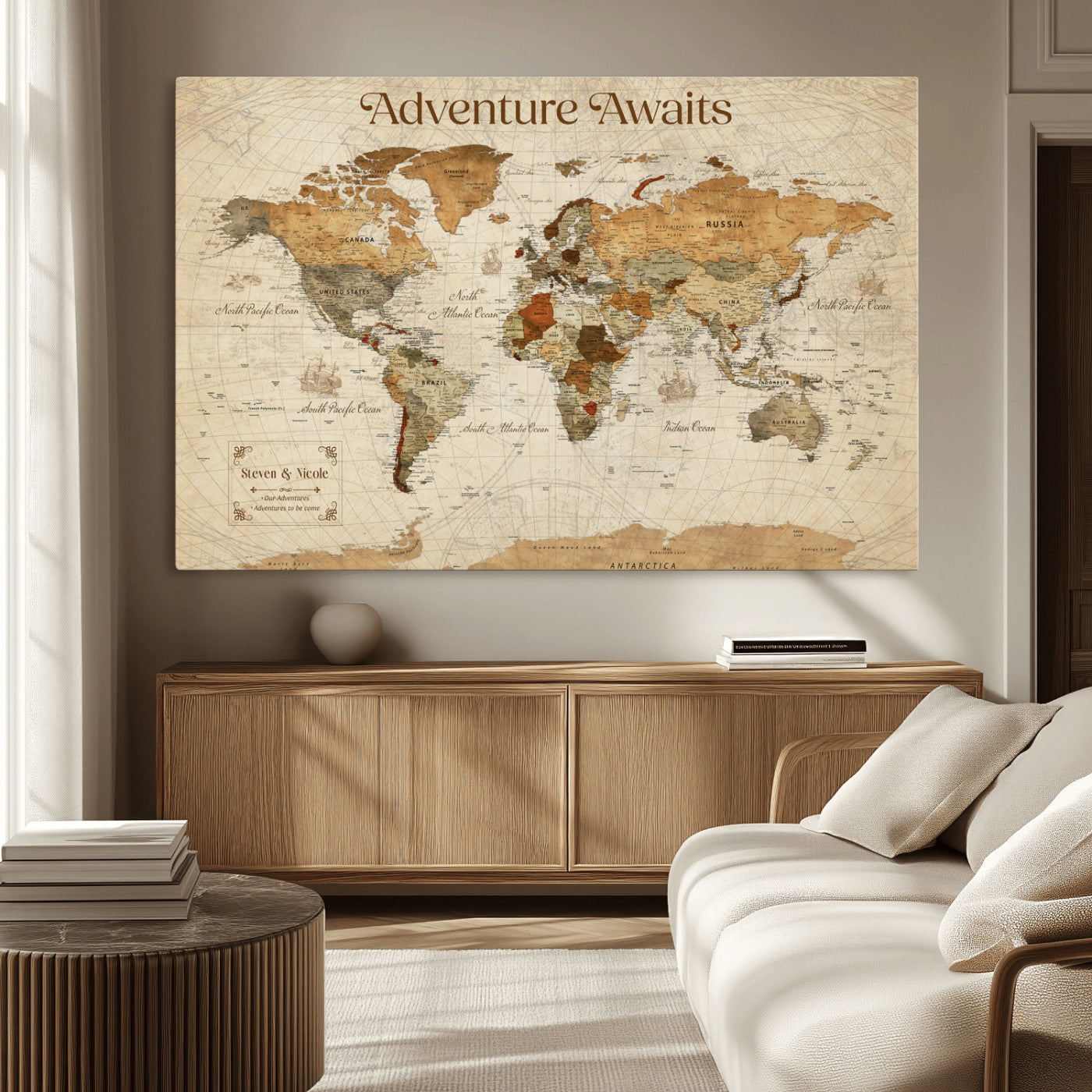 18685073-MGV-CV-36X24-Personalized World Map Wall Art – Antique Vintage Parchment Adventure Awaits Travel Map with Custom Couple Names, Rustic Wall