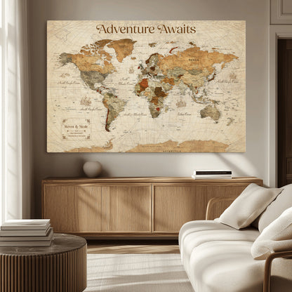 18685073-MGV-CV-36X24-Personalized World Map Wall Art – Antique Vintage Parchment Adventure Awaits Travel Map with Custom Couple Names, Rustic Wall