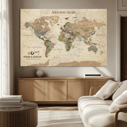 62766900-MGV-CV-36X24-Personalized World Map Wall Art – Antique Parchment Adventure Travel Map with Custom Couple Names, Rustic Wall Decor for Home,