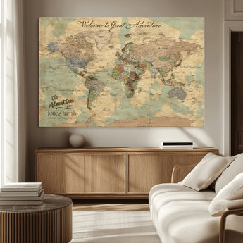 32019746-MGV-CV-36X24-Personalized World Map Wall Art – Vintage Camo Adventure Travel Map with Custom Family Names, Rustic Wall Decor for Couples, Home
