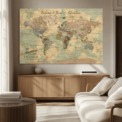 32019746-MGV-CV-36X24-Personalized World Map Wall Art – Vintage Camo Adventure Travel Map with Custom Family Names, Rustic Wall Decor for Couples, Home
