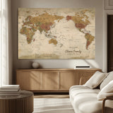 31874045-MGV-CV-36X24-Personalized World Map Wall Art – Vintage Earth Tone Adventure Map with Custom Family Names, Rustic Travel Decor for Home, Couples