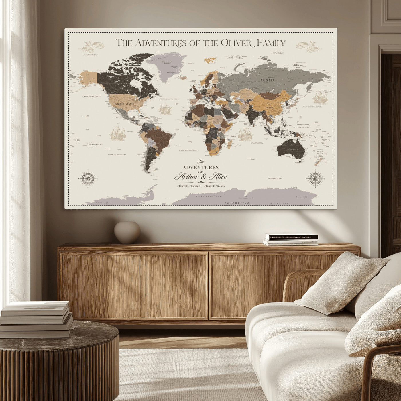 40679469-MGV-CV-36X24-Personalized World Map Wall Art – Neutral Tones Adventure Travel Map with Custom Family Names, Rustic Wall Decor for Living Room