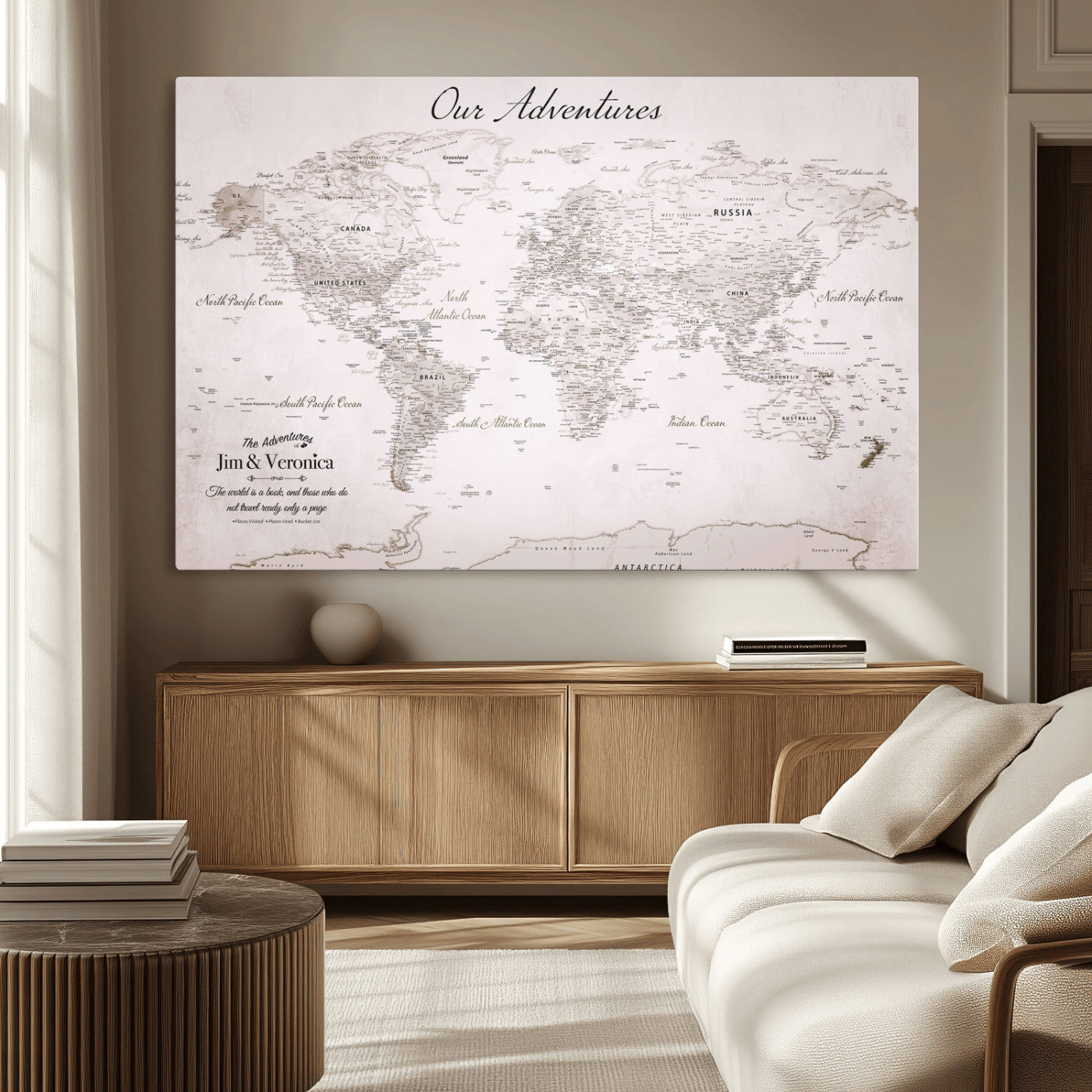 11706567-MGV-CV-36X24-Personalized World Map Wall Art – Minimalist Beige Adventure Travel Map with Custom Names, Elegant Push Pin Canvas for Couples,