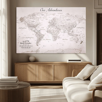 11706567-MGV-CV-36X24-Personalized World Map Wall Art – Minimalist Beige Adventure Travel Map with Custom Names, Elegant Push Pin Canvas for Couples,