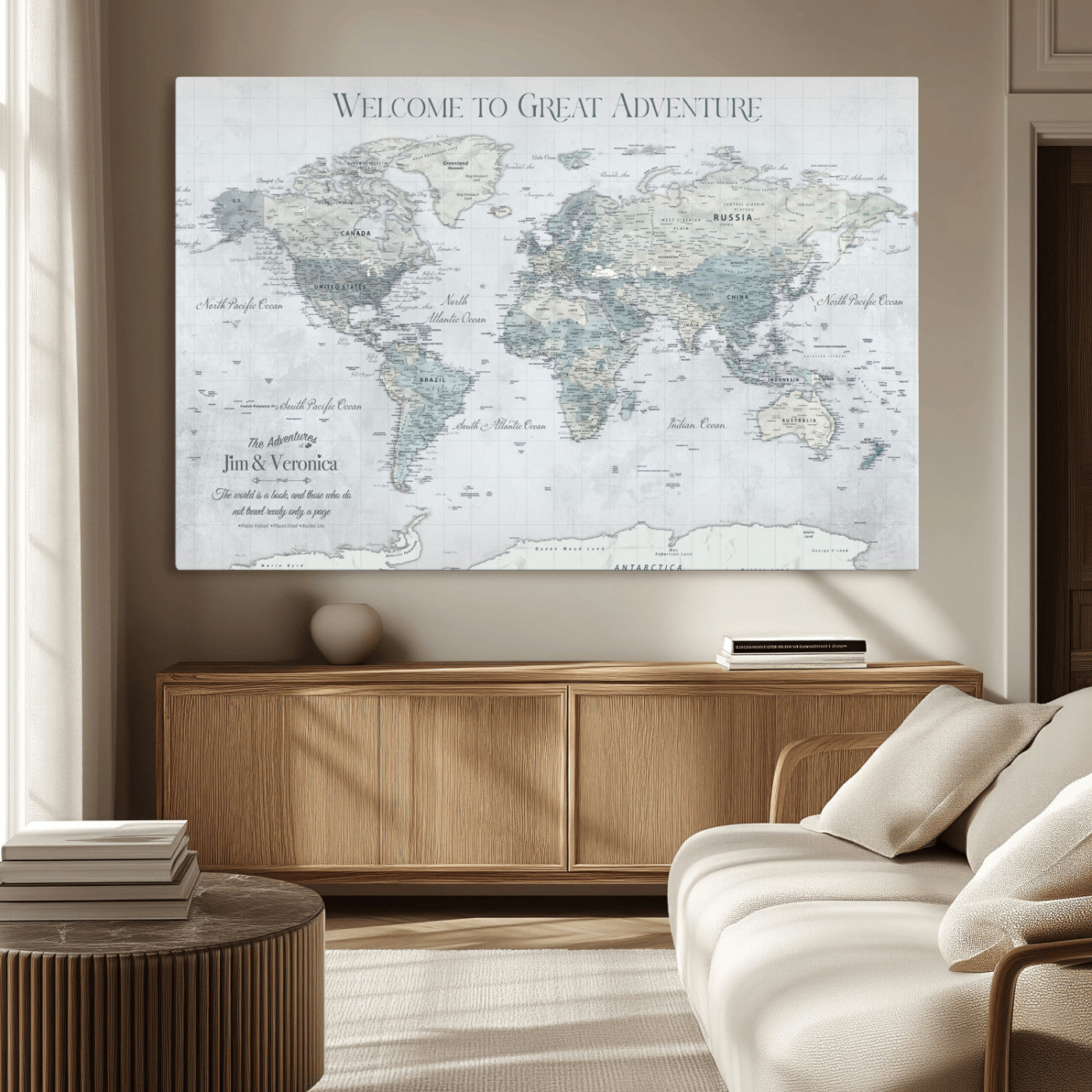 70605050-MGV-CV-36X24-Personalized World Map Wall Art – Cool Gray Adventure Travel Map with Custom Names, Elegant Push Pin Canvas for Couples, Family