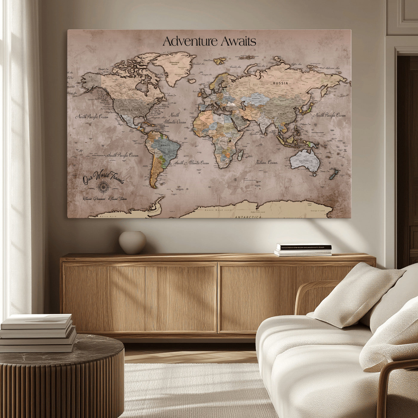 93226713-MGV-CV-36X24-Personalized World Map Wall Art – Adventure Awaits Rustic Earth-Tone Travel Map with Custom Names, Vintage Wall Decor for Couples,