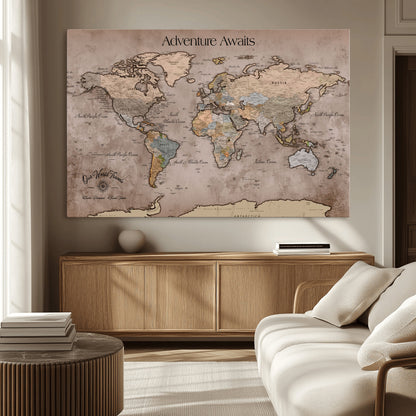 93226713-MGV-CV-36X24-Personalized World Map Wall Art – Adventure Awaits Rustic Earth-Tone Travel Map with Custom Names, Vintage Wall Decor for Couples,