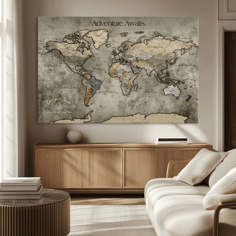72658967-MGV-CV-36X24-Personalized World Map Wall Art – Adventure Awaits Rustic Sepia Travel Map with Custom Names, Vintage Wall Decor for Couples, Home