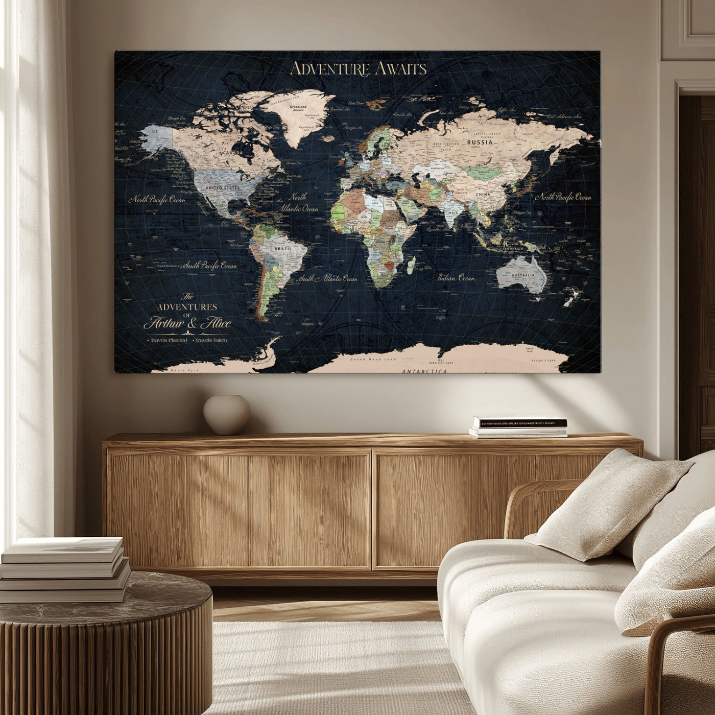 15547583-MGV-CV-36X24-Personalized World Map Wall Art – Rustic Navy Adventure Awaits Travel Map with Custom Couple Names, Vintage Wall Decor for Home or