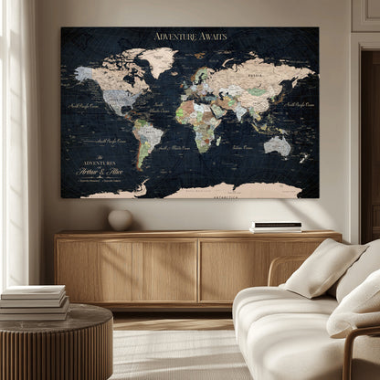15547583-MGV-CV-36X24-Personalized World Map Wall Art – Rustic Navy Adventure Awaits Travel Map with Custom Couple Names, Vintage Wall Decor for Home or