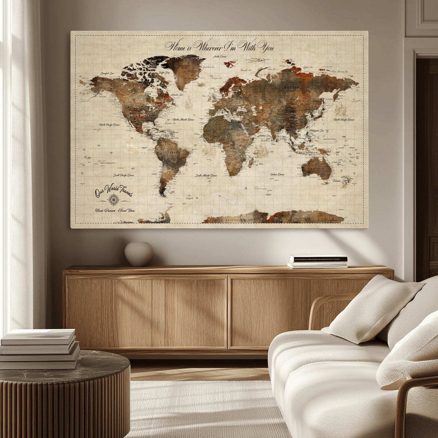 48225643-MGV-CV-36X24-Personalized World Map Wall Art – Rustic Vintage Adventure Travel Map with Custom Couple Names, Romantic Wall Decor for Home or