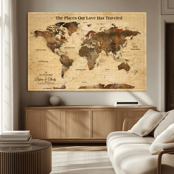 50680593-MGV-CV-36X24-Personalized World Map Wall Art – Rustic Brown Adventure Travel Map with Custom Names, Elegant Push Pin Canvas for Couples Home,