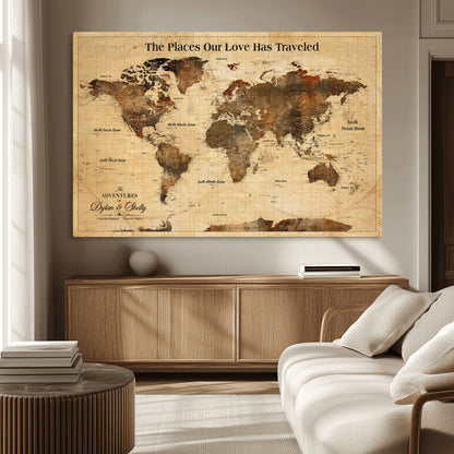 50680593-MGV-CV-36X24-Personalized World Map Wall Art – Rustic Brown Adventure Travel Map with Custom Names, Elegant Push Pin Canvas for Couples Home,