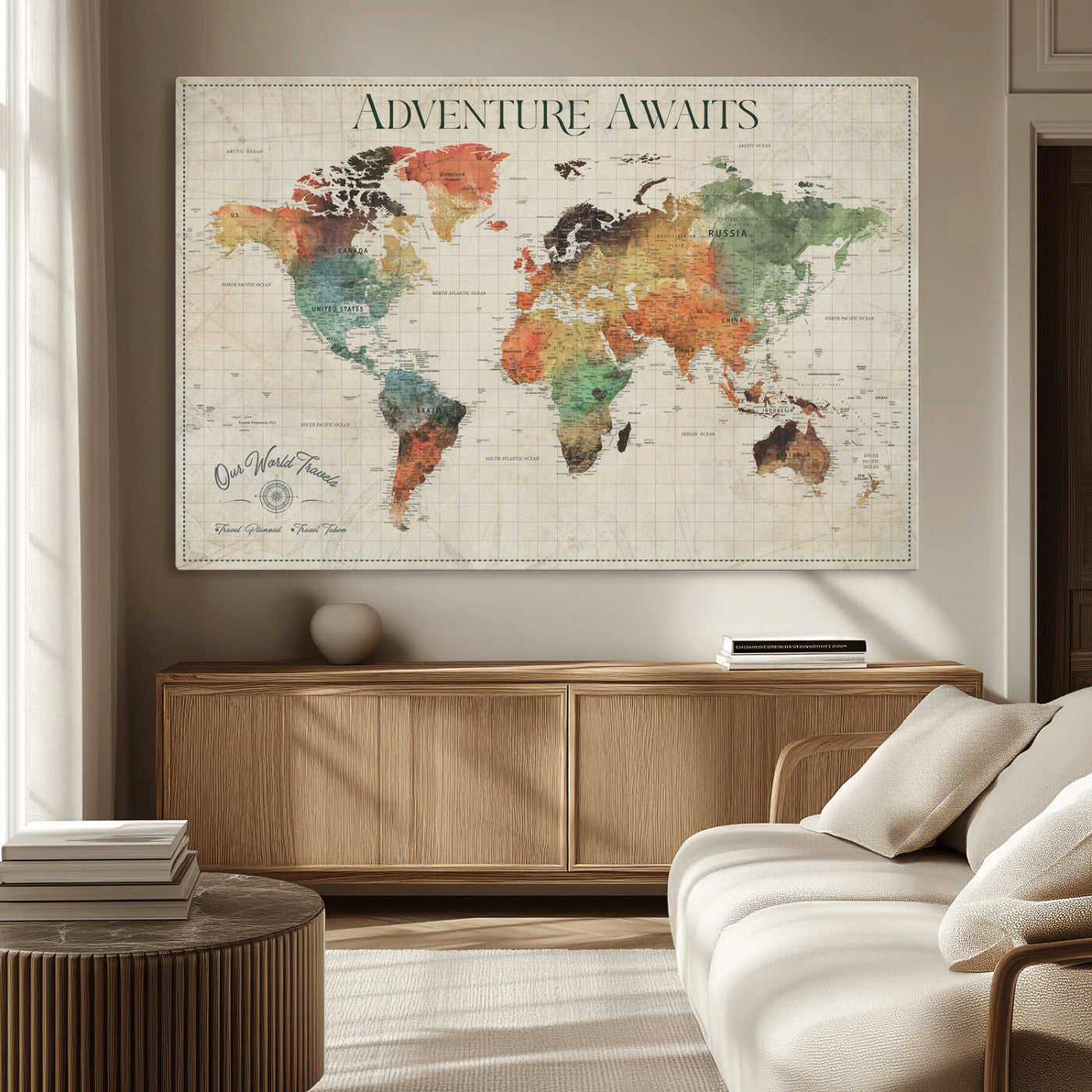 24737989-MGV-CV-36X24-Personalized World Map Wall Art – Colorful Vintage Adventure Travel Map with Custom Names, Unique Wall Decor for Couples,