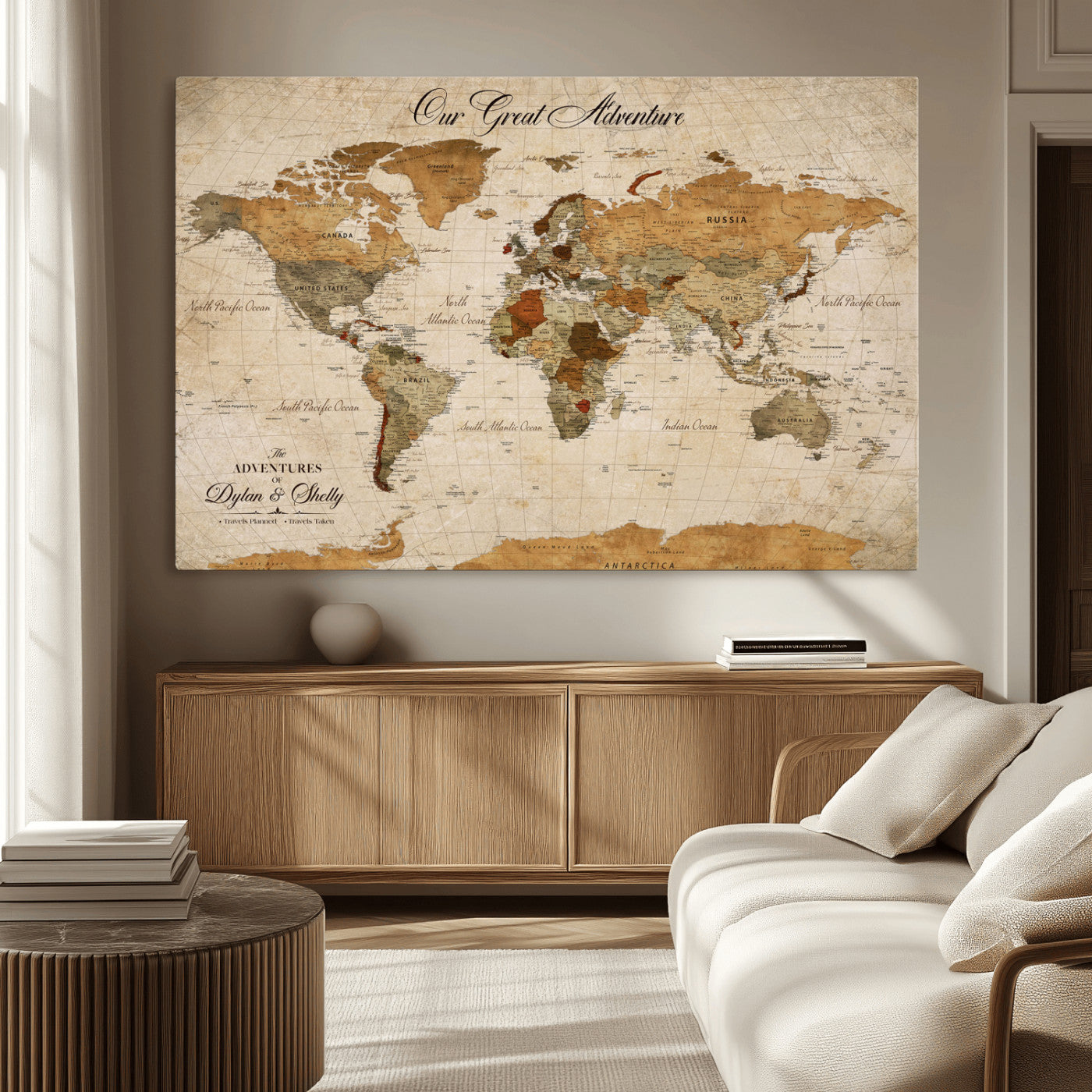 91961147-MGV-CV-36X24-Personalized World Map Wall Art – Vintage Sepia Adventure Travel Map with Custom Couple Names, Rustic Wall Decor for Home, Couples