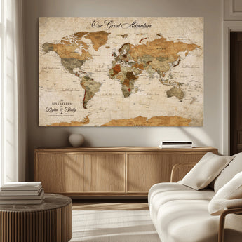 91961147-MGV-CV-36X24-Personalized World Map Wall Art – Vintage Sepia Adventure Travel Map with Custom Couple Names, Rustic Wall Decor for Home, Couples