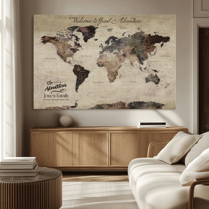 78610079-MGV-CV-36X24-Personalized World Map Wall Art – Vintage Rustic Travel Map with Custom Family Name, Adventure Wall Decor for Home, Family Gift or