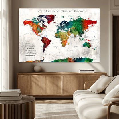 95876117-MGV-CV-36X24-Personalized World Map Wall Art – Colorful Watercolor Travel Map with Custom Names, Romantic Wall Decor for Couples, Wedding or