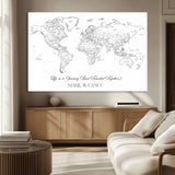 43438578-MGV-CV-36X24-Personalized World Map Wall Art – Black and White Minimal Travel Map with Custom Names, Elegant Wall Decor for Couples, Wedding or