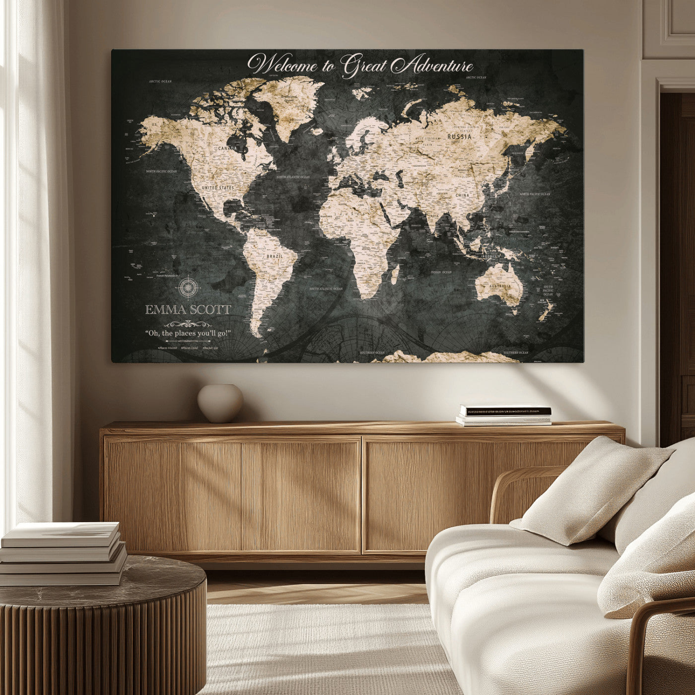 70534097-MGV-CV-36X24-Personalized World Map Wall Art – Dark Vintage Adventure Style Travel Map with Custom Names, Unique Wall Decor for Couples, Home