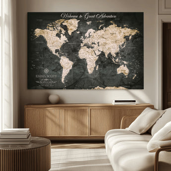 70534097-MGV-CV-36X24-Personalized World Map Wall Art – Dark Vintage Adventure Style Travel Map with Custom Names, Unique Wall Decor for Couples, Home