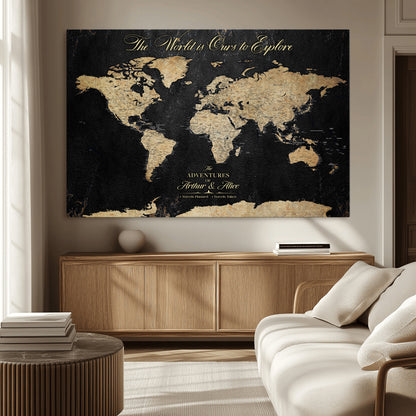 98947257-MGV-CV-36X24-Personalized World Map Wall Art – Vintage Black Adventure Travel Map with Custom Names, Elegant Push Pin Canvas for Couples Home