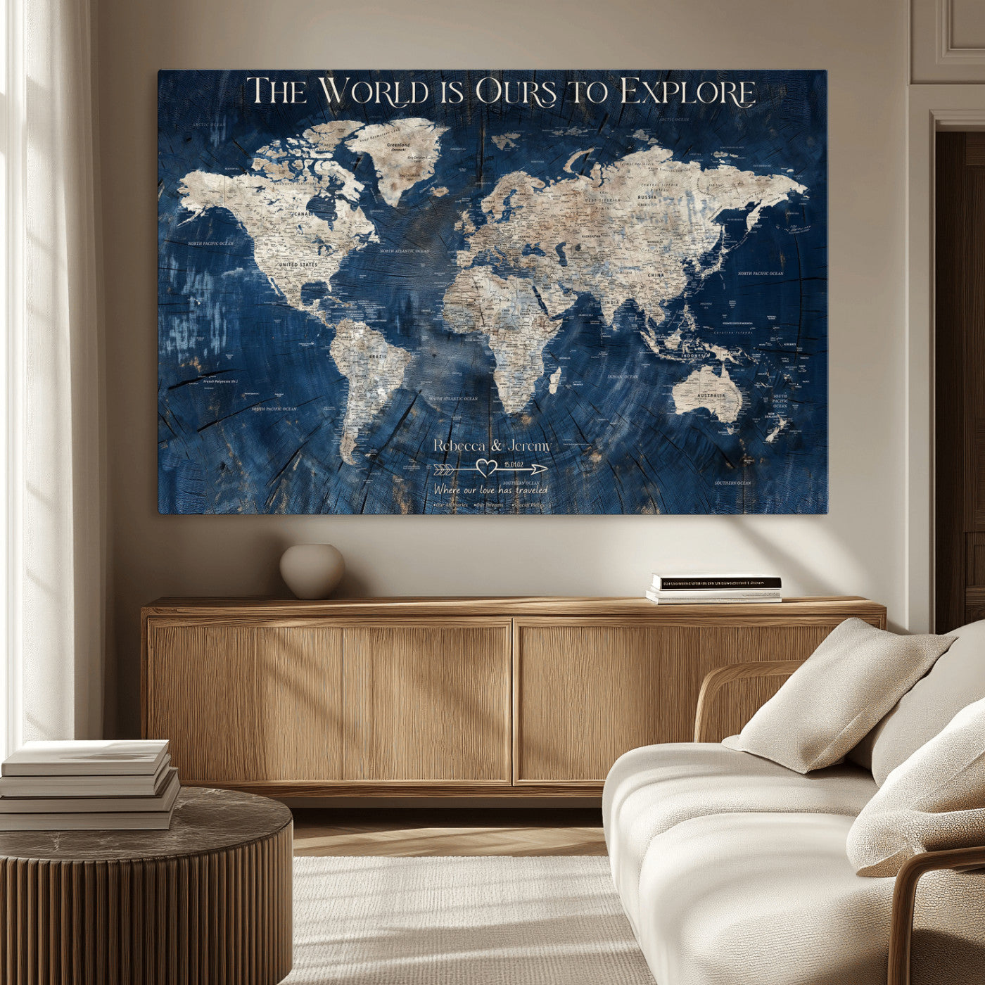 16933330-MGV-CV-36X24-Personalized World Map Wall Art – Navy Blue Vintage Travel Map with Custom Names, Anniversary Gift for Couples Romantic Adventure