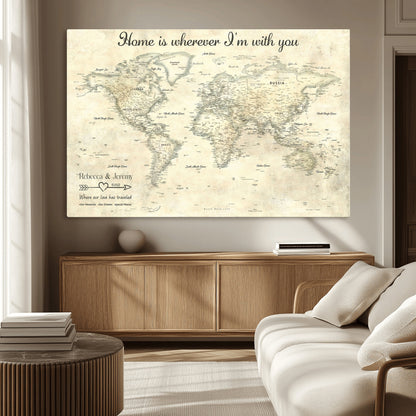 35009043-MGV-CV-36X24-Personalized World Map Wall Art – Vintage Beige Travel Map with Custom Names and Date, Romantic Anniversary Gift for Couples Home